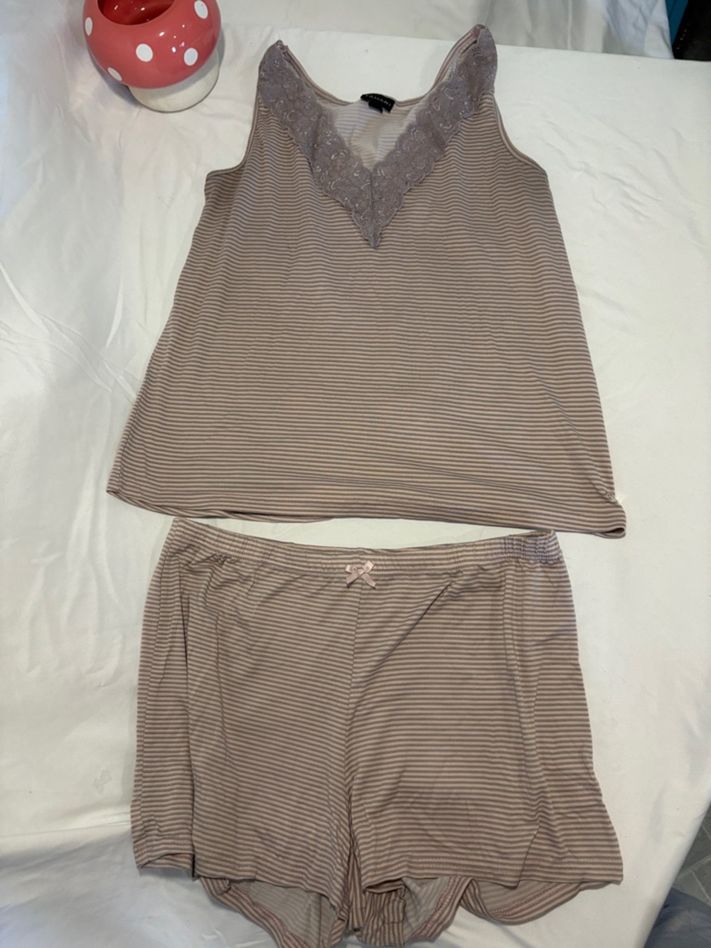 Women’s Lace-Trim Striped Sleep Set - Taupe Pink - Picture 2 of 8